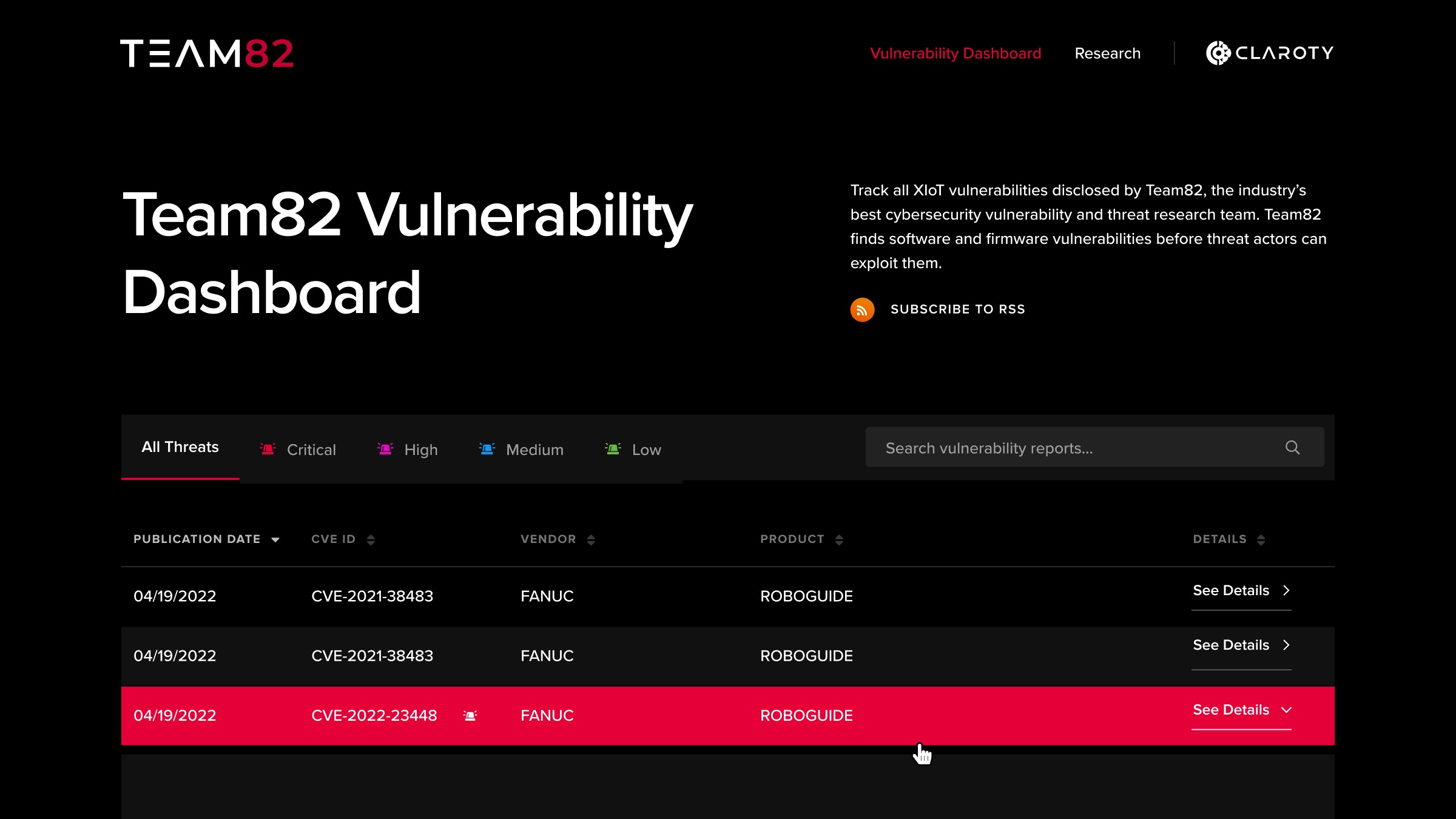 Preview of the Team82 Vulnerability Dashboard design for Claroty