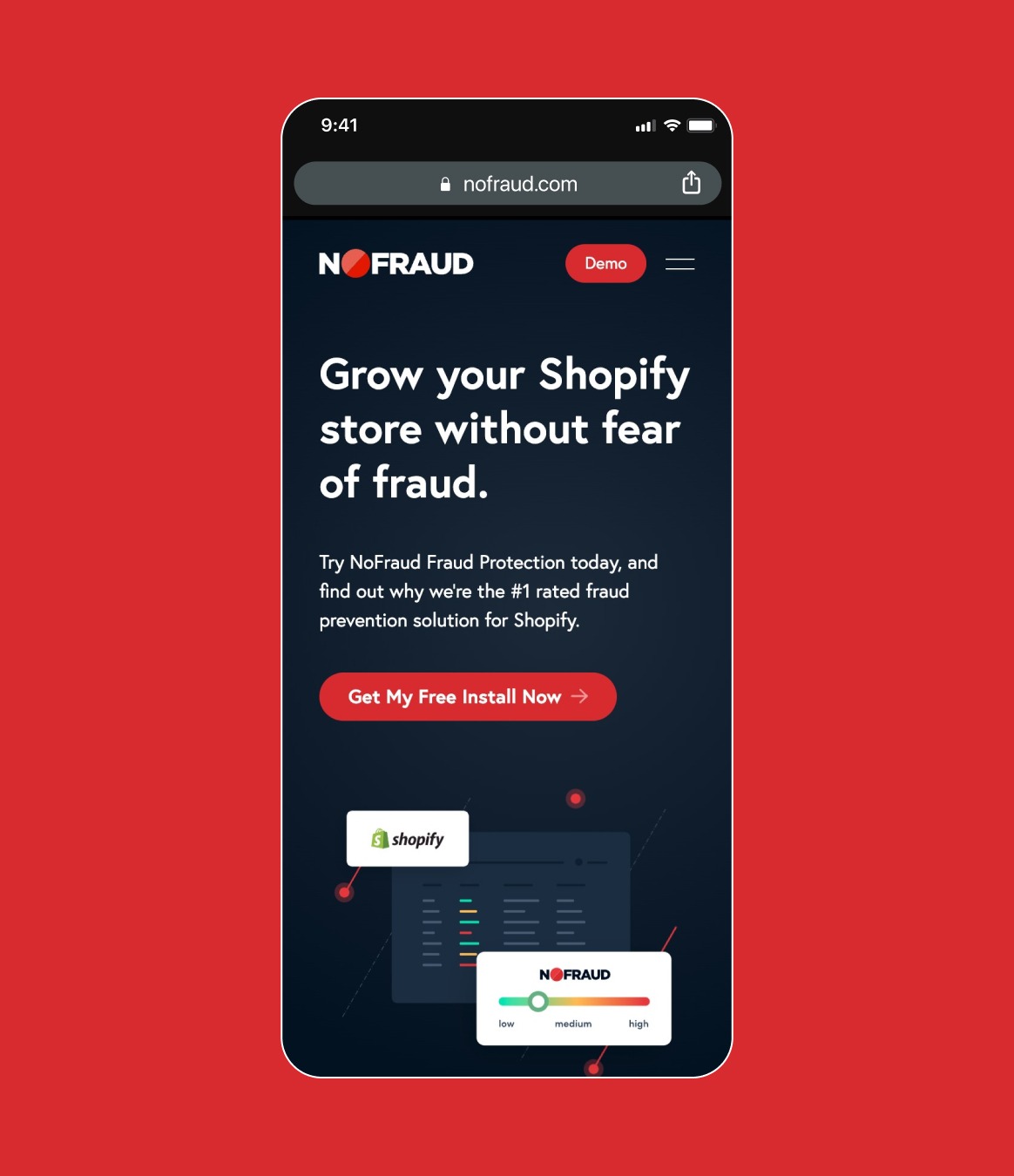 Responsive layout for the NoFraud website shown on a mobile phone