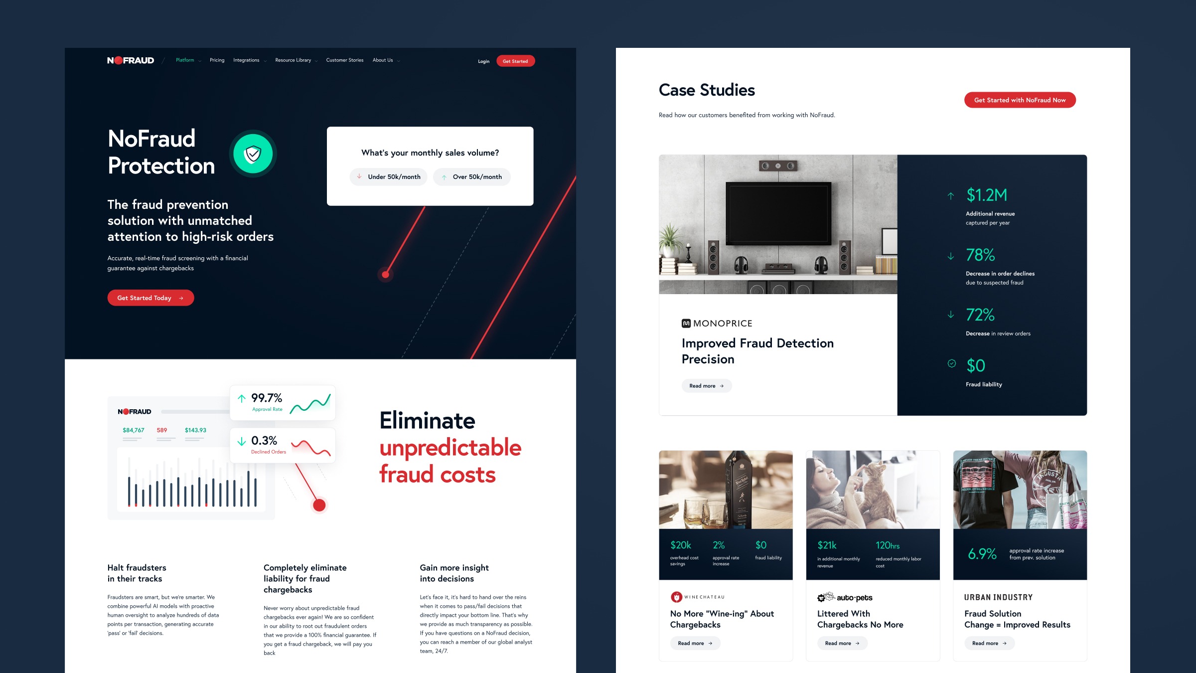 Showcase of various design elements from the NoFraud website redesign
